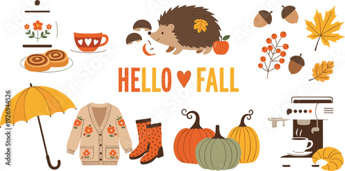 Hello Fall Autumn Cozy Elements Vector Illustration with Pumpkins Sweater Umbrella Leaves Coffee and Seasonal Decor Set