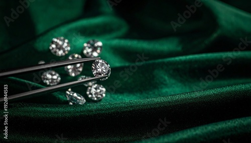 Loose polished diamonds on rich green fabric, two tweezers holding single stones, light reflections highlighting clarity and brilliance, symbolizing precision and luxury craftsmanship.