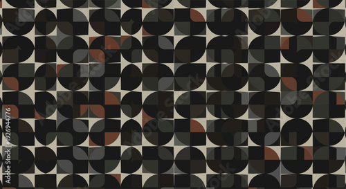 Geometric pattern with circles and squares in dark neutral colors, flat design style