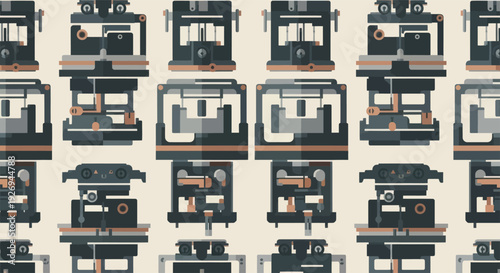 Repeating pattern of stylized industrial machines in a flat design style with muted colors.