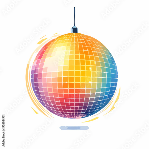 A vibrant, multicolored disco ball radiating light and energy, perfect for celebrations