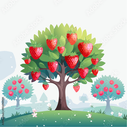 A whimsical illustration of a fantasy tree bearing giant, ripe strawberries in a magical landscape