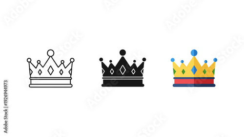 Three royal crowns icons set isolated on white background vector illustration monarchy power leadership