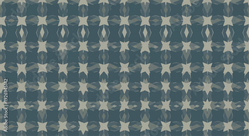 Geometric star and diamond shapes in a repeating pattern, muted blue and beige tones.