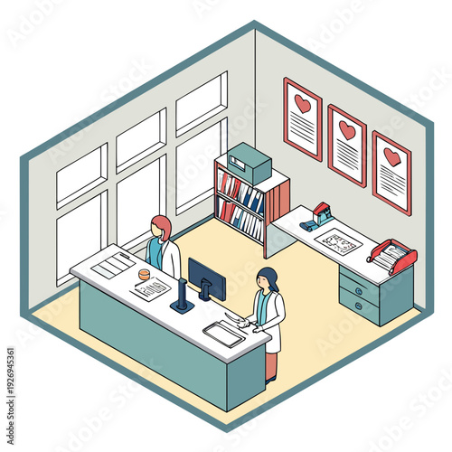 Isometric Medical Reception Office with Two Staff Members at Desk, Computers, and Filing Cabinets, representing healthcare administration and patient care.