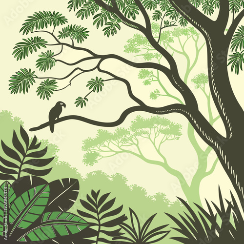 Lush Tropical Jungle Forest Scene with a Parrot Perched on a Tree Branch Amidst Exotic Foliage, depicting rich biodiversity and wildlife.