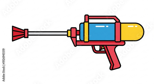 Colorful water gun shooting vibrant swirling liquid streams in red green blue and yellow on white background for fun and playful concepts