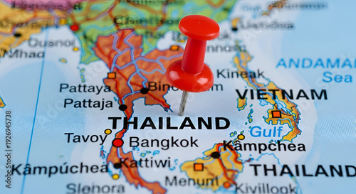 A red pin on a map of thailand and southeast asia