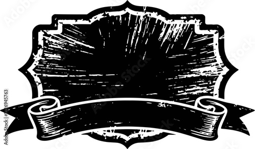 Vintage black label with distressed texture and blank ribbon banner for customizable design