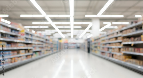 A blurry image of a supermarket aisle with shelves on both sides