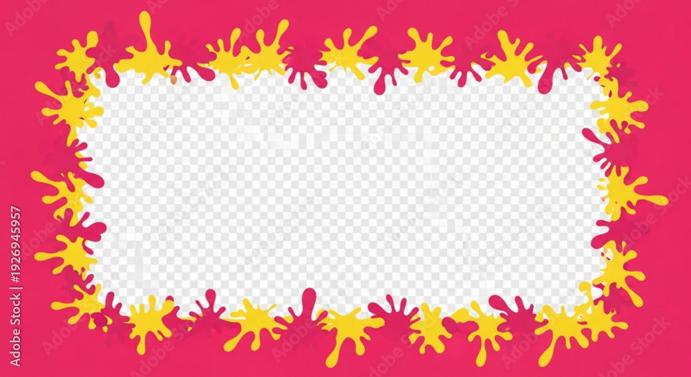 Obraz premium Vibrant pink background with yellow and red splatter border frame transparent checkered center for creative design use