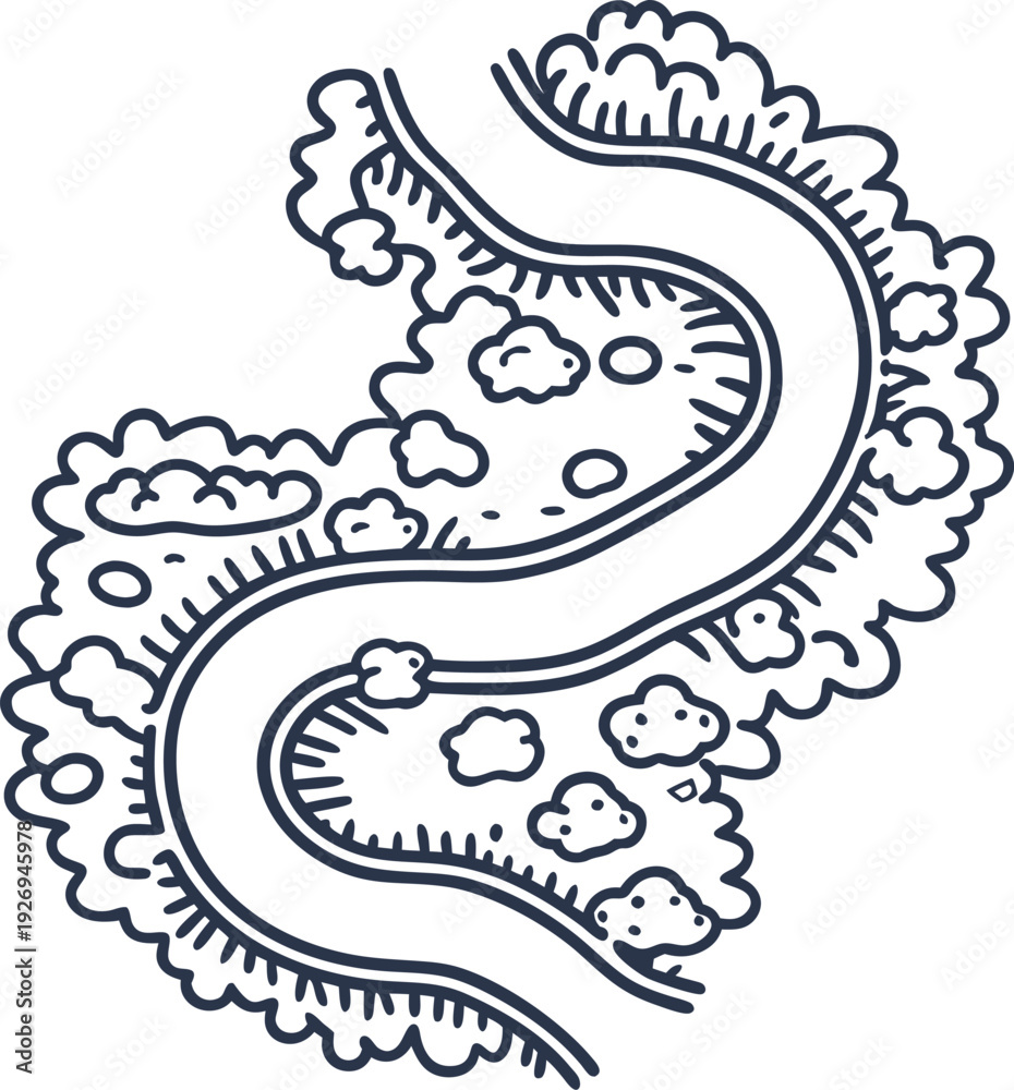 Fototapeta premium river winding through forest landscape with clouds and natural terrain outline drawing