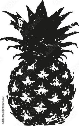 Black and white pineapple silhouette with textured rough grunge details and spiky crown shape