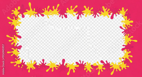 Vibrant pink background with yellow and red splatter border frame transparent checkered center for creative design use