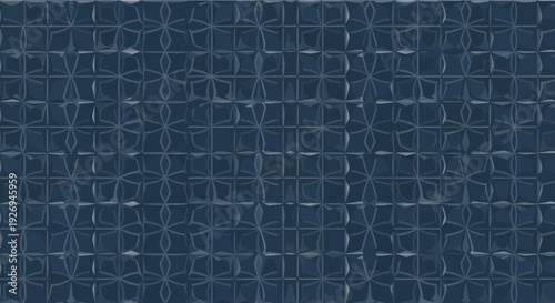 Dark blue geometric pattern with repeating stylized floral motifs in a grid layout