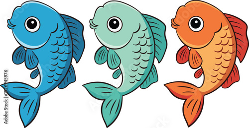 Cute colorful cartoon fish collection, hand drawn vector illustration of blue green and orange fishes isolated on white background for kids design