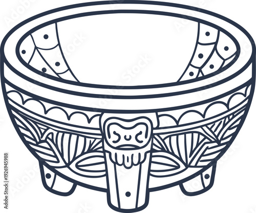 Ancient ceremonial bowl with intricate tribal patterns and three supporting legs design