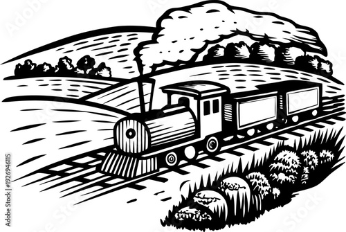 Vintage steam locomotive traveling along countryside railroad with trees and bushes