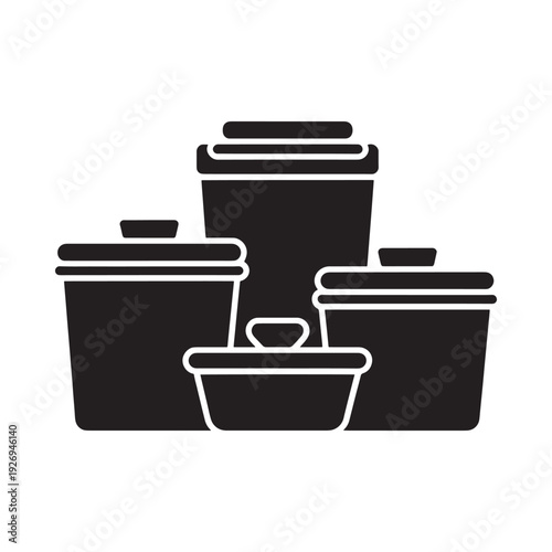 Black and white silhouette of stacked kitchen containers with lids