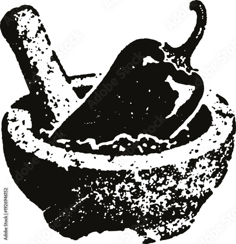 Mortar and pestle with a chili pepper traditional kitchen tool for grinding spices and herbs