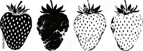 black and white strawberry silhouettes set with textured distressed elements, vector fruit illustration