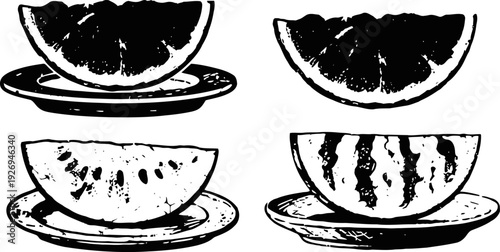 Black and white watermelon slices on plates hand drawn summer fruit illustrations set fresh juicy tropical dessert pieces