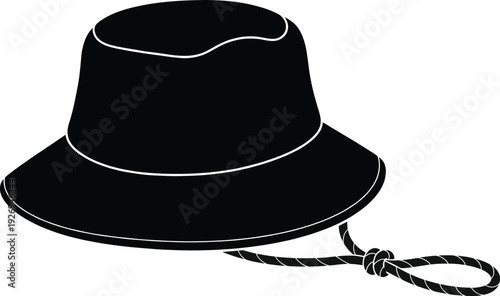 Black silhouette of wide-brimmed bucket hat with chin strap and knot design representing outdoor hiking, fishing, camping, and sun protection vector illustration