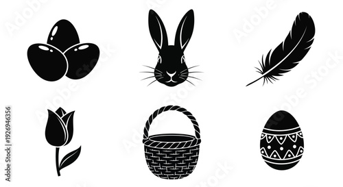 Arrangement of six detailed black icons showcases Easter objects including eggs, rabbit face, and woven.