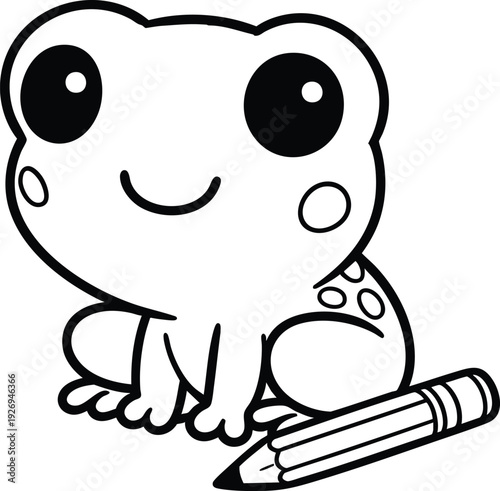 Cute cartoon frog with a pencil simple line art illustration for childrens coloring book or educational material isolated on white