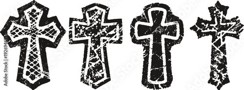 set of four black textured crosses with different patterns and rough edges, religious symbols collection