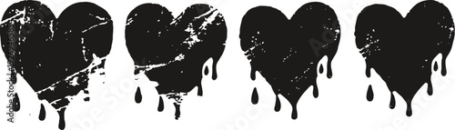 Set of four black melting hearts with distressed grunge texture and dripping paint effect