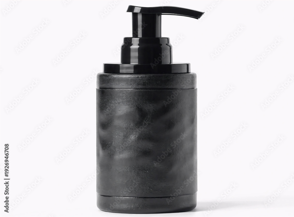 Obraz premium A black pump bottle, possibly for lotion or soap, isolated on a clean, white surface.