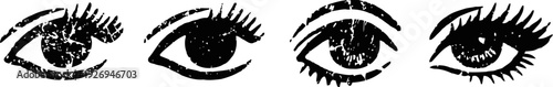 three detailed artistic black ink illustrations of human eyes with distinct eyelashes and pupils