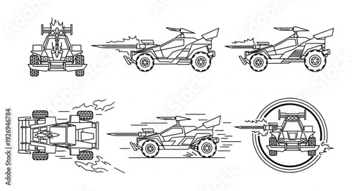 Detailed blueprint of a futuristic vehicle with multiple perspectives and views.