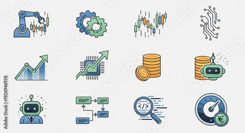 Diverse collection of technology and business icons representing innovation and progress.