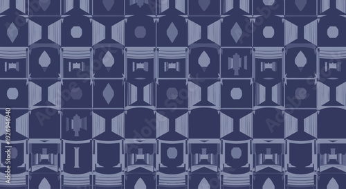 Geometric mosaic pattern with abstract shapes in shades of blue and grey, vector graphic