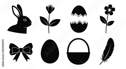 Set of eight black silhouette icons represents various elements associated with Easter and spring.
