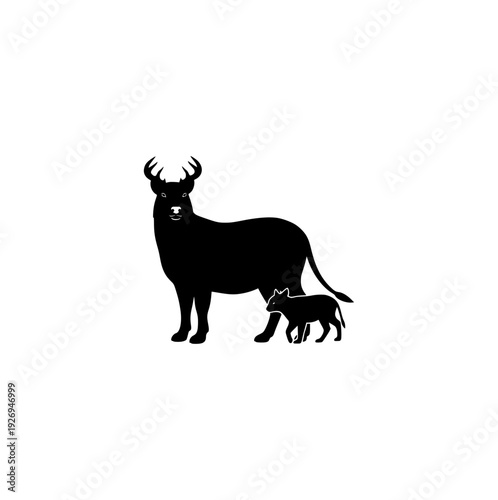 Detailed illustration of a deer with a baby fawn standing together, wild forest animal family in black vector style.