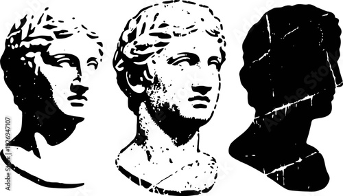Three classical marble bust sculptures of male heads in different angles and styles