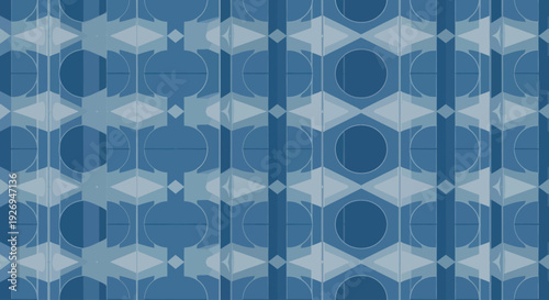 Abstract geometric pattern with blue shades, circles and diamond shapes in a repeating design