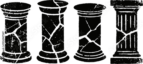 Ancient cracked columns ornament silhouettes in classical architectural set