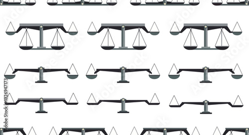 Repeating pattern of vintage balance scales in gray and white, flat design vector illustration.