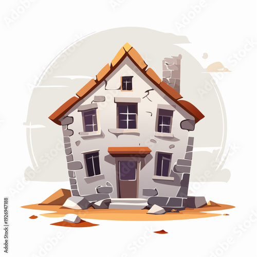 Abandoned dilapidated stone house with broken windows and crumbling facade