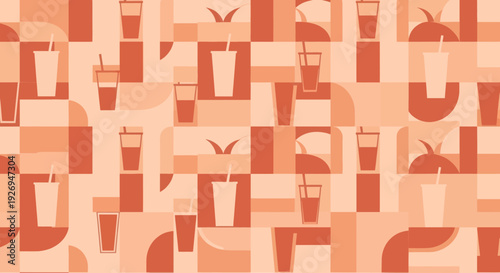 Orange and beige abstract geometric pattern with stylized beverage cups and straws