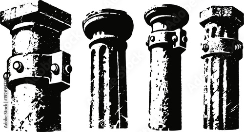 four ornate ancient metal pillars with bolts and rivets, vintage architectural details silhouette