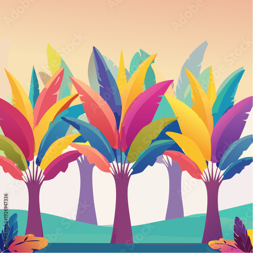 Stylized and colorful landscape of a fantasy tropical forest with rainbow leaves