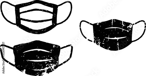 Black grunge face masks set protective covering for health and safety against viruses and pollution