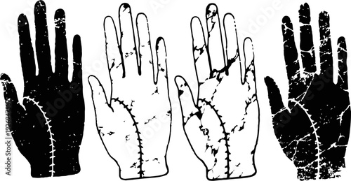Four vintage black and white palmistry hands with palm lines and markings illustrations