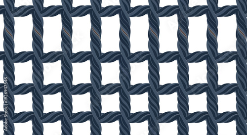 Dark blue braided rope grid pattern on white background, abstract geometric texture