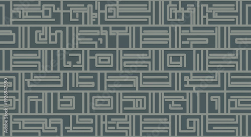 Abstract geometric maze pattern in muted blue and beige tones, repeating design